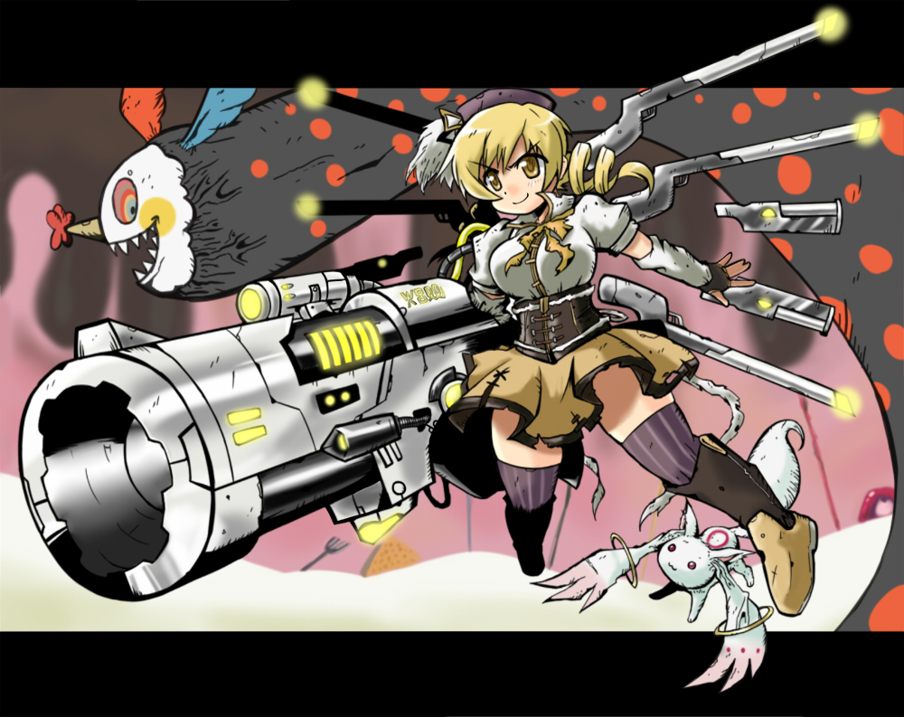 1girl arm_cannon blonde_hair breasts cannon charlotte_(madoka_magica) creature digimon digimon_(creature) digimon_savers drill_hair female_focus glowing gun hat kyubey magical_musket mahou_shoujo_madoka_magica mahou_shoujo_madoka_magica_(anime) mechanical_wings monster multicolored_eyes n36hoko nhoko parody red_eyes risegreymon sharp_teeth shinegreymon skirt smile style_parody teeth thighhighs tomoe_mami tomoe_mami_(magical_girl) twin_drills twintails veins weapon wings yellow_eyes