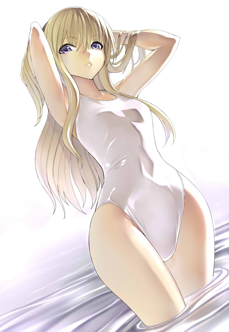 1girl adjusting_hair armpits arms_behind_head arms_up blonde_hair blue_eyes dutch_angle female_focus hakaba_(dairiseki) long_hair looking_at_viewer one-piece_swimsuit parted_lips quiz_magic_academy shalon shiny_clothes simple_background soaking_feet solo standing swimsuit tucking_hair wading water white_one-piece_swimsuit white_theme wide_hips