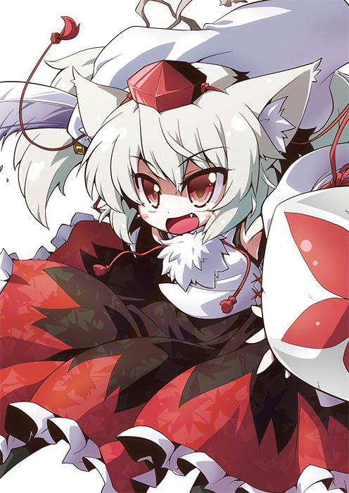 1girl akaneya animal_ears detached_sleeves fang female_focus hat inubashiri_momiji red_eyes shield simple_background solo sword tail tokin_hat touhou weapon white_hair wolf_ears wolf_tail