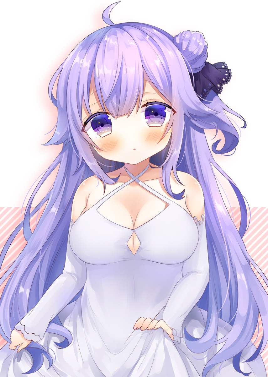 1girl :o ahoge azur_lane black_ribbon blush breasts cleavage commentary_request criss-cross_halter detached_sleeves diagonal_stripes dress fingernails hair_between_eyes hair_bun hair_ribbon halterneck head_tilt highres hinanosuke long_hair long_sleeves looking_at_viewer medium_breasts one_side_up parted_lips purple_eyes purple_hair ribbon side_bun single_hair_bun single_side_bun skirt_hold sleeves_past_wrists solo striped striped_background unicorn_(azur_lane) very_long_hair white_dress white_sleeves