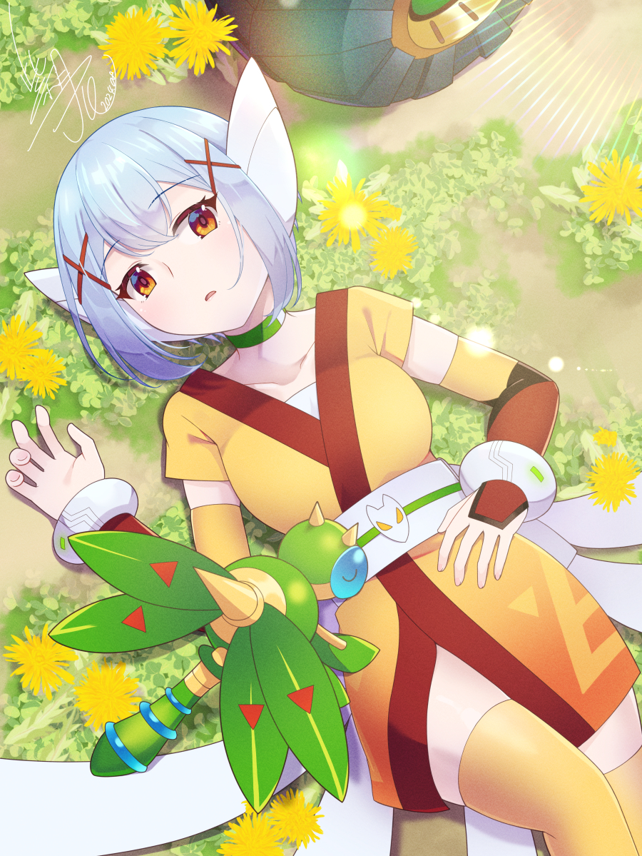 1girl blaster_master_zero blaster_master_zero_2 blue_hair breasts brown_eyes bug collarbone japanese_clothes kimono large_breasts non-humanoid_robot robot robot_animal robot_ears robot_girl shizuki_airu short_hair tae_(blaster_master_zero) thighhighs yellow_kimono yellow_thighhighs