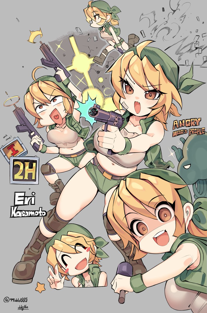 1girl bandana bare_shoulders belt blonde_hair boots breasts brown_belt brown_eyes brown_footwear brown_tank_top closed_eyes commentary ddg160 dual_wielding english_text explosive fang finger_on_trigger green_bandana green_hat green_shorts green_vest grenade grey_background gun handgun hat heart heart_in_mouth highres holding holding_grenade holding_gun holding_weapon kasamoto_eri knee_pads mars_people medium_breasts metal_slug midriff multiple_views navel open_clothes open_mouth open_vest running shaded_face short_shorts shorts simple_background skin_fang smile stick_grenade submachine_gun tank_top teeth twitter_username upper_teeth_only v vest weapon wristband