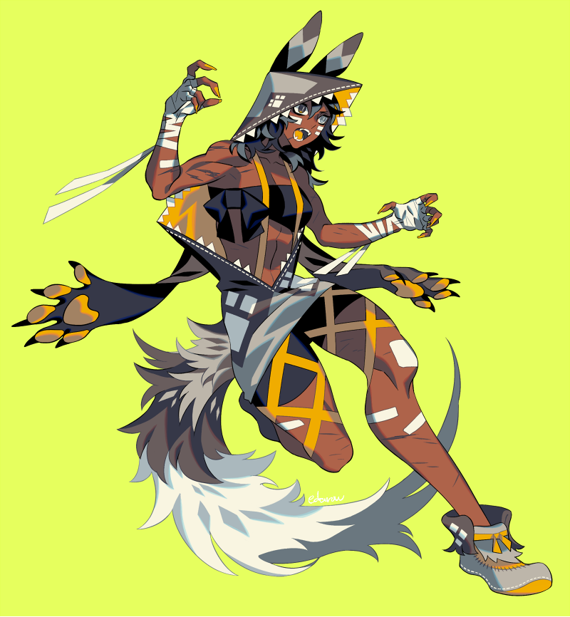 1girl african_wild_dog animal_ears animal_hood arm_wrap black_eyes claw_pose commentary_request dark-skinned_female dark_skin dog_ears dog_girl dog_tail eda fangs fingernails full_body green_background hood hood_up original scar scar_on_arm scar_on_leg sharp_fingernails simple_background solo standing standing_on_one_leg tail toned toned_female