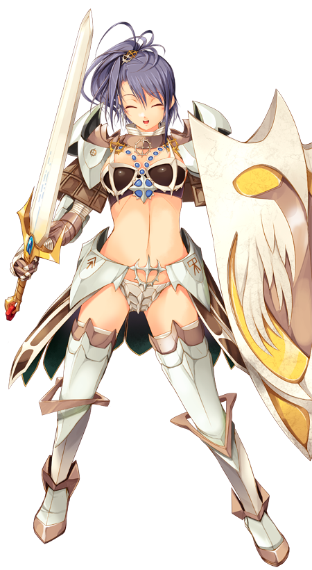 1girl armor armored_boots bikini_armor blush boots breasts closed_eyes cross cross_necklace cross_of_prontera faulds full_body gauntlets grey_hair high_ponytail holding holding_shield holding_sword holding_weapon jewelry kirishima_satoshi large_variant_set medium_breasts medium_hair navel necklace official_art open_mouth pauldrons ragnarok:_guild_masters ragnarok_online royal_guard_(ragnarok_online) shield shoulder_armor simple_background smile solo sword thighhighs transparent_background variant_set weapon white_thighhighs