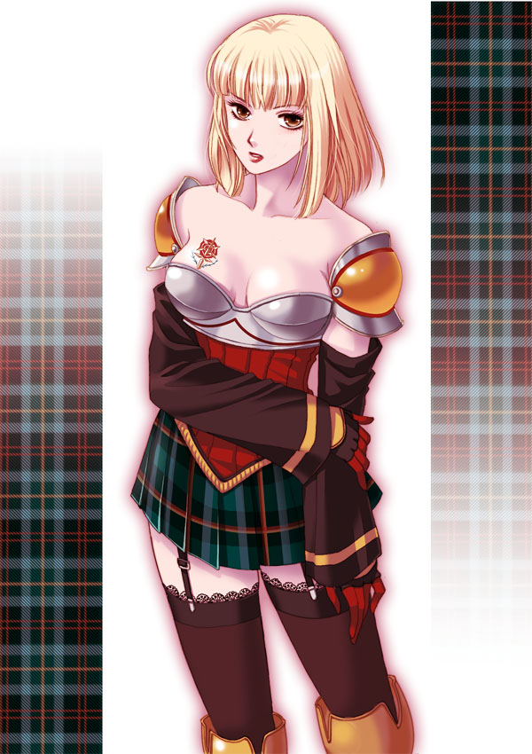 armor black_thighhighs blonde_hair breasts brown_eyes cleavage detached_sleeves flower garter_straps gloves maronee_san plaid_background plaid_clothes plaid_skirt rose samantha short_hair skirt solo tattoo thighhighs vagrant_story zettai_ryouiki