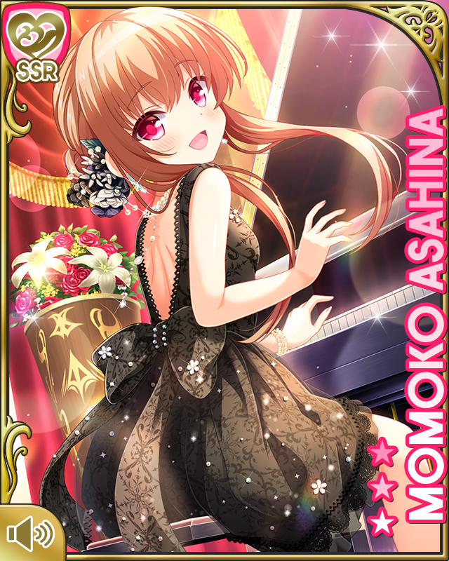 1girl asahina_momoko black_bow black_dress bow brown_hair card_(medium) character_name dress girlfriend_(kari) hair_bow hair_ribbon indoors instrument looking_back official_art one_side_up open_mouth piano qp:flapper red_eyes ribbon side_ponytail sitting smile solo theater