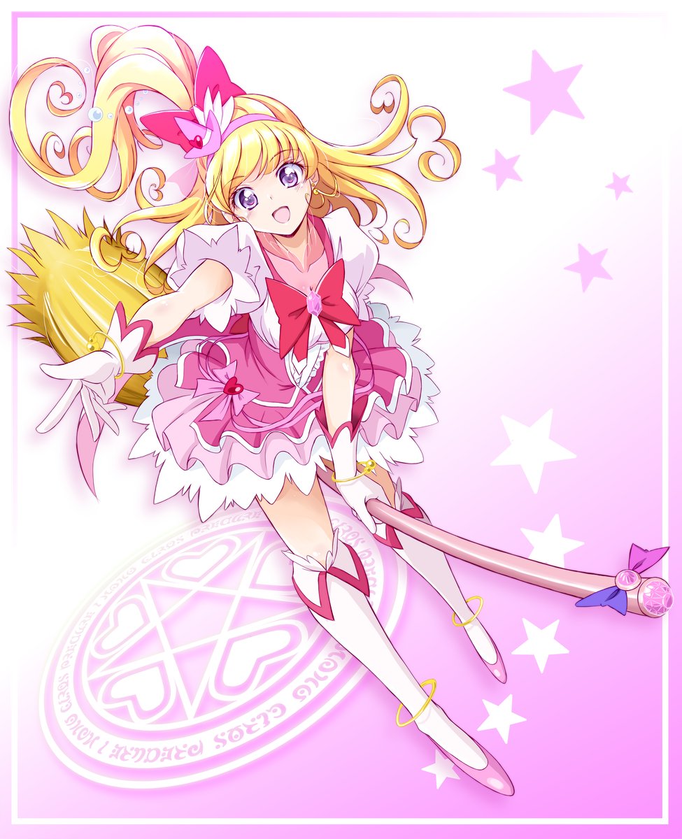 1girl amraam120c asahina_mirai blonde_hair breasts broom broom_riding cure_miracle diamond-shaped_brooch earrings gloves gradient_background hat hat_ornament heart heart_hat_ornament heart_wand highres jewelry long_hair looking_at_viewer magical_girl mahou_girls_precure! medium_breasts mini_hat mini_witch_hat open_mouth pentagram pink_background pink_footwear pink_hat pink_skirt precure purple_eyes skirt smile solo star_(symbol) thighhighs white_gloves white_thighhighs wide_ponytail witch_hat