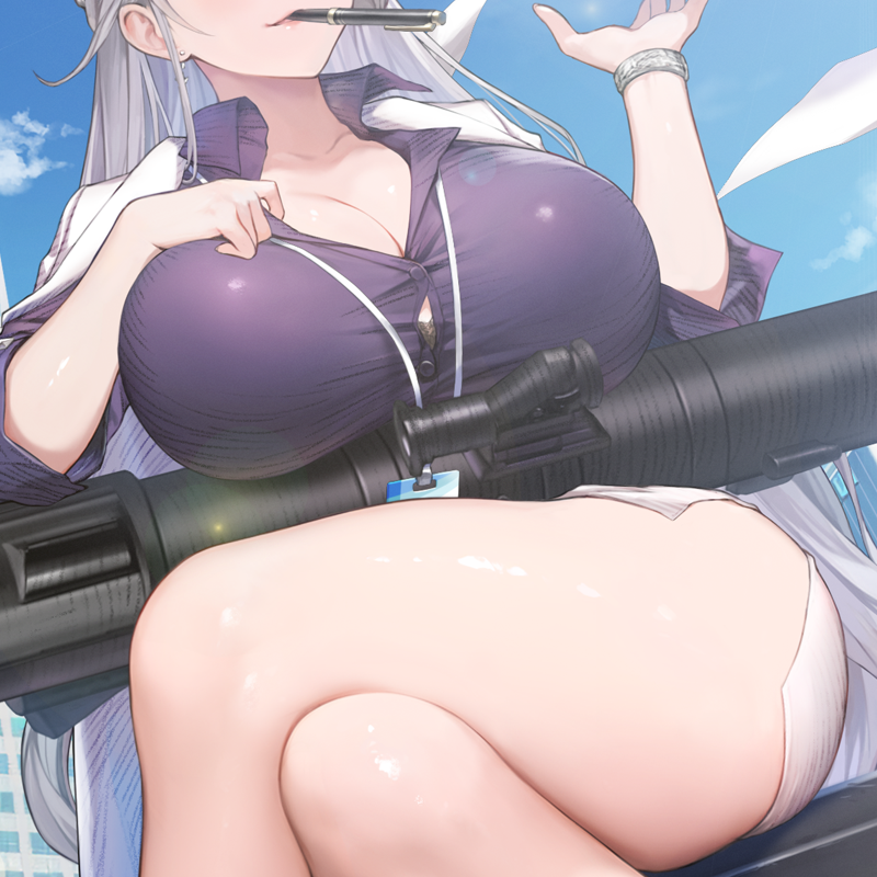 1girl black_bra bra bra_peek bracelet breast_focus breasts brown_dust_(series) brown_dust_2 bursting_breasts cleavage close-up crossed_legs head_out_of_frame huge_breasts jewelry lanyard lipstick long_hair makeup michaela_(brown_dust) official_art pen_in_mouth purple_shirt rocket_launcher rpg_(weapon) scope second-party_source shirt sitting skirt solo sunlight underwear very_long_hair weapon white_hair white_skirt