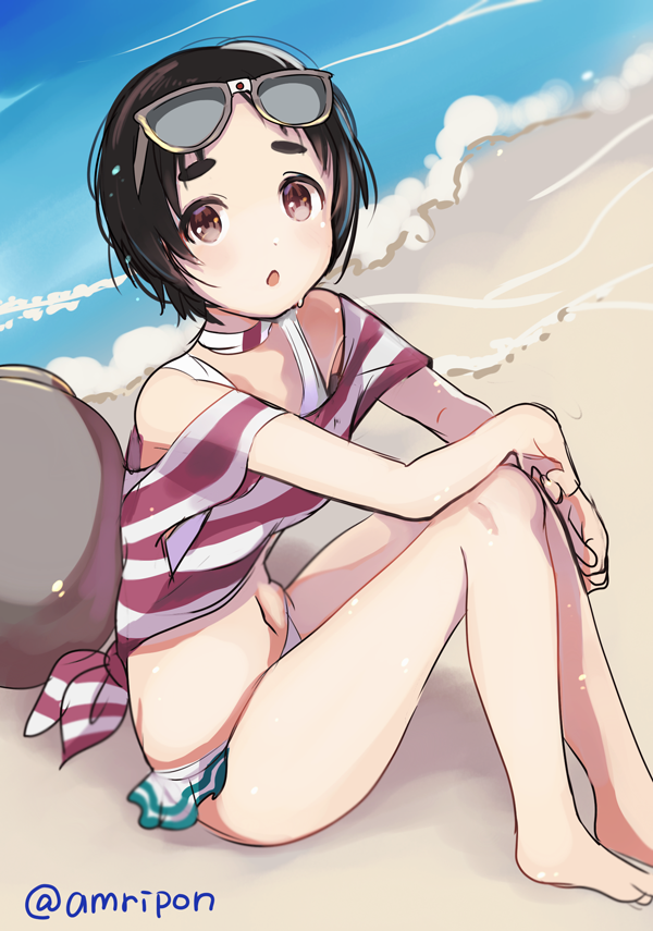 10s 1girl amripo beach bikini black_hair brown_eyes commentary_request eyewear_on_head female_focus kantai_collection looking_at_viewer maru-yu_(kancolle) ocean open_mouth outdoors parted_bangs sand short_hair sitting solo sunglasses swimsuit water white_bikini