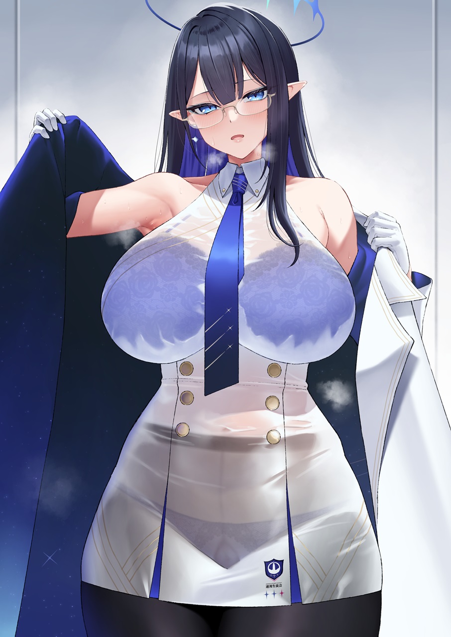 1girl asakura_kukuri bare_shoulders black_hair blue_archive blue_bra blue_eyes blue_halo blue_necktie bra breasts coat collared_dress collared_shirt colored_inner_hair commentary_request dress glasses gloves halo highres large_breasts long_hair looking_at_viewer multicolored_hair necktie open_mouth pantyhose pointy_ears rimless_eyewear rin_(blue_archive) see-through_clothes shirt sleeveless sleeveless_dress underwear utnapishtim_operator_uniform_(blue_archive) white_coat white_dress white_gloves