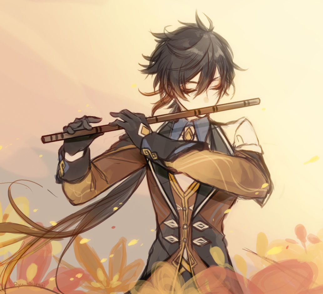 1boy black_gloves black_hair closed_eyes collared_shirt colored_tips flute genshin_impact gloves gold_trim hair_between_eyes holding holding_flute holding_instrument instrument jacket male_focus multicolored_hair music playing_instrument red_jacket ryu_kisaragi shirt single_sidelock sketch solo upper_body zhongli_(genshin_impact)