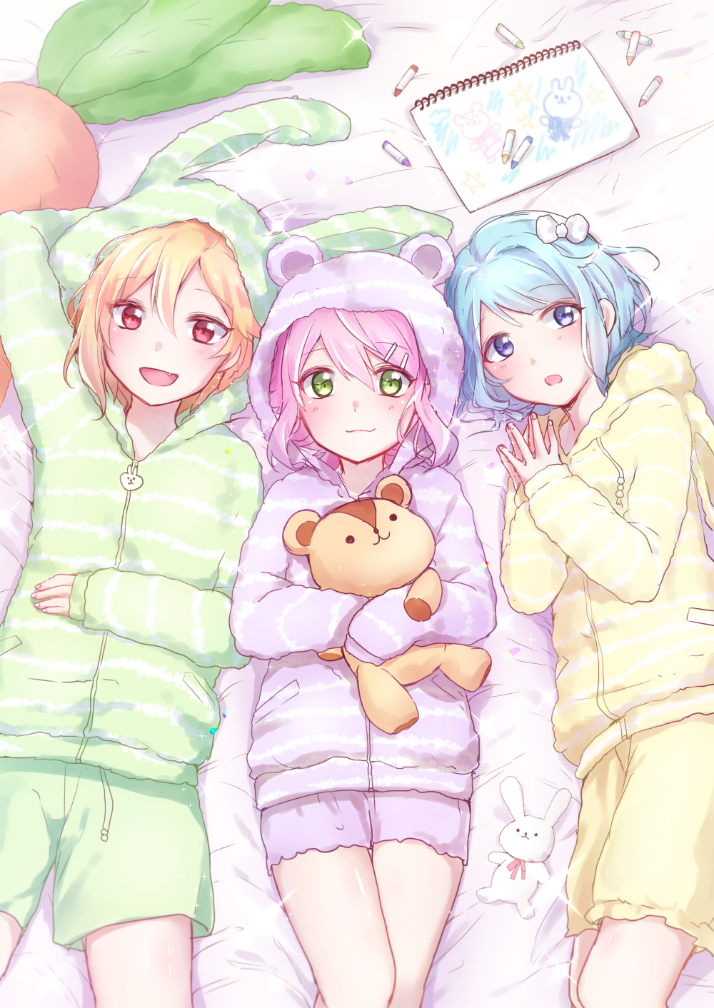 10s 3boys :3 ahoge androgynous animal_hood bad_id bad_pixiv_id blonde_hair blue_eyes blush bow crayon ensemble_stars! green_eyes hair_bow hair_ornament hairclip highres himemiya_tori hood koji_miruku male_focus multiple_boys nito_nazuna on_bed open_mouth pajamas pink_hair purple_eyes rabbit rabbit_hood red_eyes shino_hajime short_hair shorts sidelocks sketchbook smile stuffed_animal stuffed_toy teddy_bear