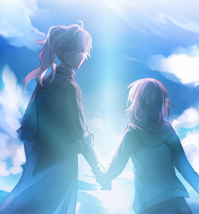 1boy 1girl aki_(neyuki41028) backlighting blue_sky coat facing_away fate/grand_order fate_(series) from_behind holding_hands hood hood_down long_hair long_sleeves looking_back mash_kyrielight outdoors ponytail romani_archaman short_hair sky