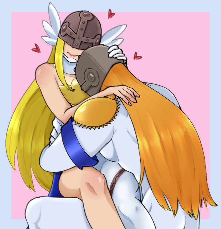 1boy 1girl angel angel_boy angel_girl angemon angewomon digimon digimon_(creature) head_wings long_hair mask nail_polish wings