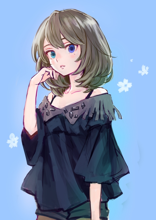 10s 1girl ama-tou aqua_eyes bare_shoulders blonde_hair blue_eyes brown_hair dress female_focus fringe_trim green_eyes green_hair heterochromia idolmaster idolmaster_cinderella_girls matching_hair/eyes mole mole_under_eye off_shoulder open_mouth pantyhose short_hair short_shorts shorts solo takagaki_kaede