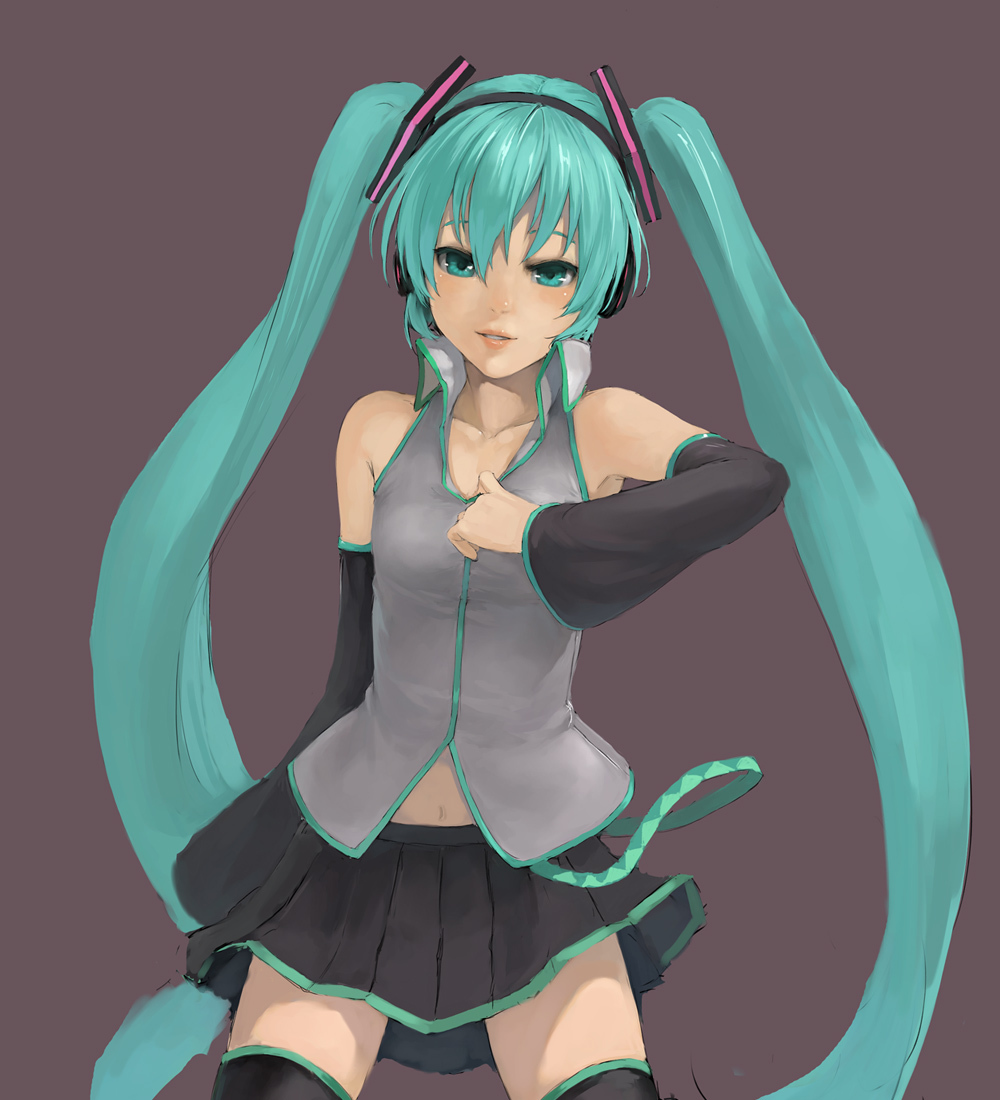 1girl aqua_eyes aqua_hair detached_sleeves female_focus hatsune_miku kuroko_(piii) long_hair simple_background skirt smile solo thighhighs twintails very_long_hair vocaloid