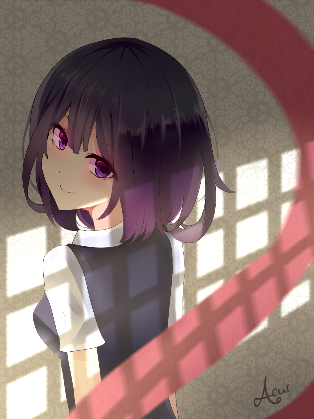 aeus highres kuzu_no_honkai purple_eyes purple_hair shirt signature smile solo yasuraoka_hanabi