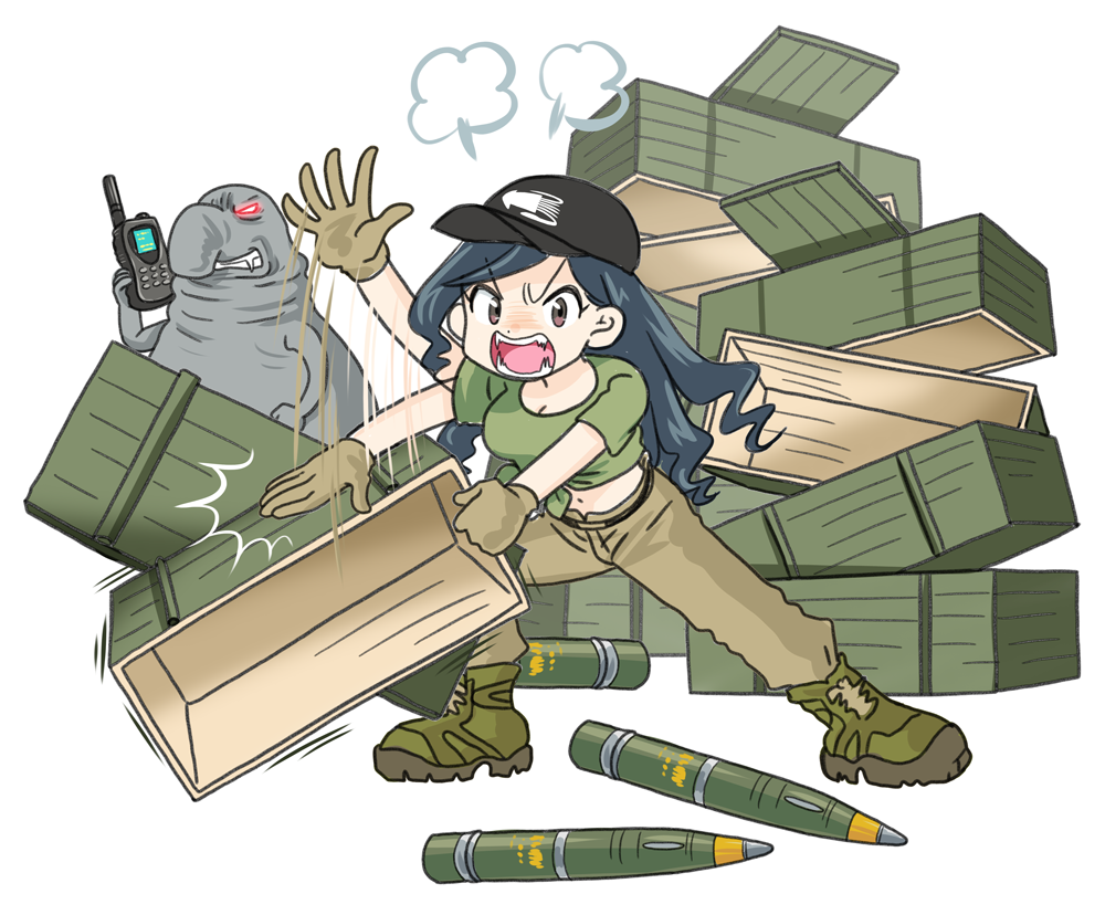 1girl :d angry artillery_shell belt belt_buckle black_hat blue_hair blush boots breasts brown_eyes brown_gloves brown_pants buckle cleavage clenched_hand combat_boots crate creature crop_top curly_hair furrowed_brow gloves green_footwear green_shirt hat holding holding_crate holding_walkie-talkie homunculus_loxodontus japanon kraken_(japanon) kraken_regiment leaning_to_the_side long_hair medium_breasts midriff military military_uniform missile navel nose_blush open_mouth original pants russo-ukrainian_war shirt short_sleeves shouting slapping smile soldier squid steam teeth tied_shirt tongue very_long_hair walkie-talkie white_background