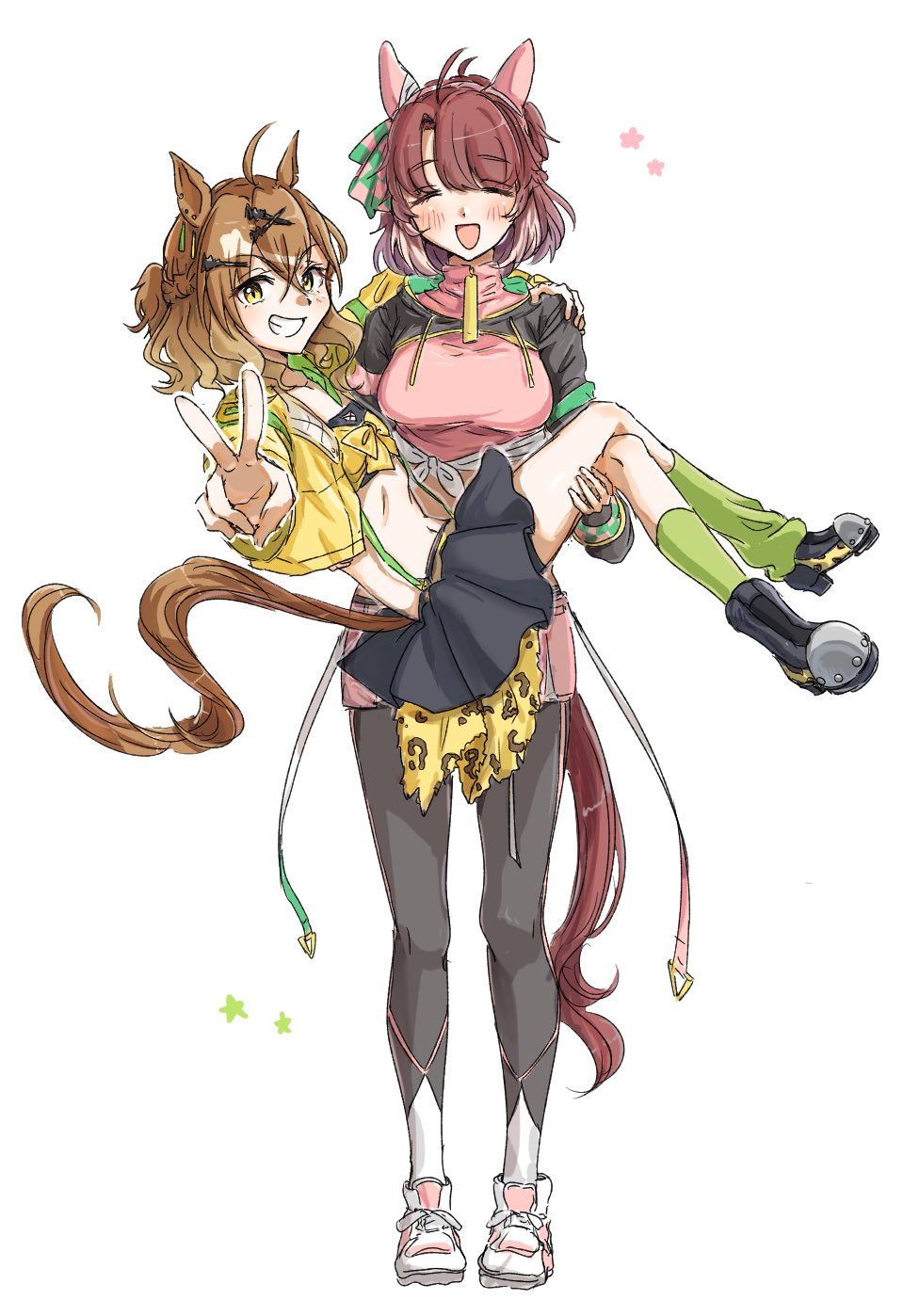 2girls ^_^ ahoge animal_ears black_pantyhose black_skirt bow breasts brown_hair carrying carrying_person checkered_ribbon closed_eyes dantsu_flame_(umamusume) ear_covers ear_ribbon facing_viewer futomayugorou green_socks green_suspenders hair_between_eyes hair_ornament hairband hairclip highres horse_ears horse_girl horse_tail jacket jungle_pocket_(umamusume) large_breasts looking_at_viewer multicolored_hair multiple_girls notched_ear open_clothes open_jacket pantyhose pink_hairband pink_shorts princess_carry shorts simple_background skirt socks streaked_hair tail umamusume v white_background yellow_eyes yellow_jacket