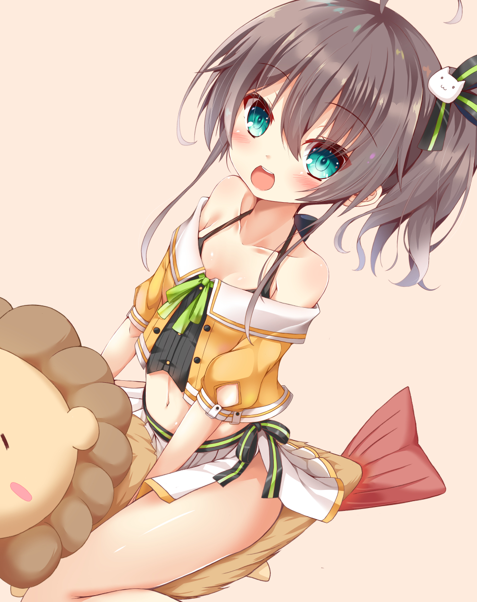 1girl :d ahoge bare_legs bare_shoulders black_camisole black_ribbon blue_eyes blush brown_hair camisole cat_hair_ornament collarbone crop_top cropped_jacket ebi_frion_(natsuiro_matsuri) hair_between_eyes hair_ornament hair_ribbon halterneck highres hololive jacket looking_at_viewer miniskirt natsuiro_matsuri natsuiro_matsuri_(1st_costume) navel neck_ribbon nekono off-shoulder_jacket off_shoulder open_mouth orange_jacket pinstripe_camisole pinstripe_pattern pleated_skirt ribbon short_hair short_sleeves side_ponytail side_slit simple_background sitting skirt smile solo spaghetti_strap striped teeth upper_teeth_only virtual_youtuber white_skirt