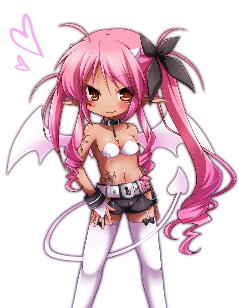 1girl bad_id bad_pixiv_id breasts brown_eyes choker cleavage demon_girl female_focus hair_ribbon heart long_hair original pink_hair ribbon ringo_yuyu short_shorts shorts side_ponytail sidelocks smile solo tail tattoo thighhighs white_thighhighs wings