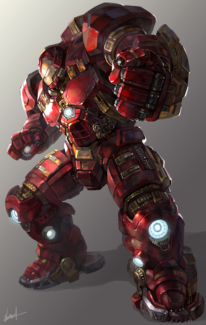 1boy armor clenched_hand fighting_stance full_body glowing glowing_eyes gradient_background hulkbuster iron_man kim_yura_(goddess_mechanic) male_focus marvel power_armor shadow signature solo