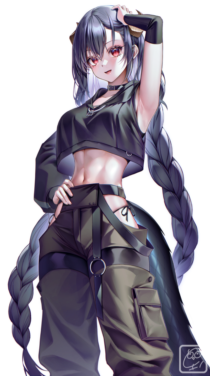 1girl arm_up armpits artist_logo belt_collar black_choker braid breasts cargo_pants choker collar collarbone commentary commission crop_top dark_jewel_(gem_oblivion) detached_sleeves english_commentary gradient_background hair_between_eyes highres horns large_breasts logo long_hair looking_at_viewer midriff navel open_mouth original pants red_eyes simple_background single_detached_sleeve single_wide_sleeve sleeves_past_wrists smile solo standing stomach tail twin_braids very_long_hair