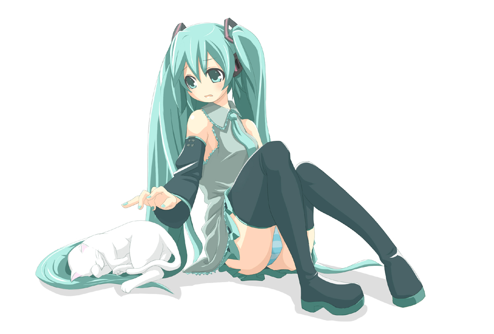 1girl aqua_eyes aqua_hair cat detached_sleeves female_focus hatsune_miku long_hair miko_machi nail_polish necktie panties pantyshot sitting skirt solo striped_clothes striped_panties thighhighs twintails underwear very_long_hair vocaloid