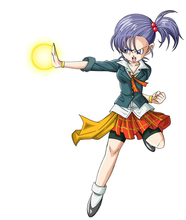 1girl ankle_socks artist_request bike_shorts bracelet clenched_hand dragon_ball dragon_ball_xenoverse energy_ball floating_clothes full_body imminent_attack jewelry leg_up looking_to_the_side mirai_senshi multiple_bracelets official_art open_mouth plaid_clothes plaid_skirt purple_eyes purple_hair school_uniform side_ponytail skirt socks solo