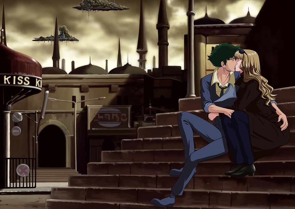 1boy 1girl blonde_hair closed_eyes couple cowboy_bebop green_hair hetero julia_(cowboy_bebop) kiss nekro-comix spike_spiegel sunglasses