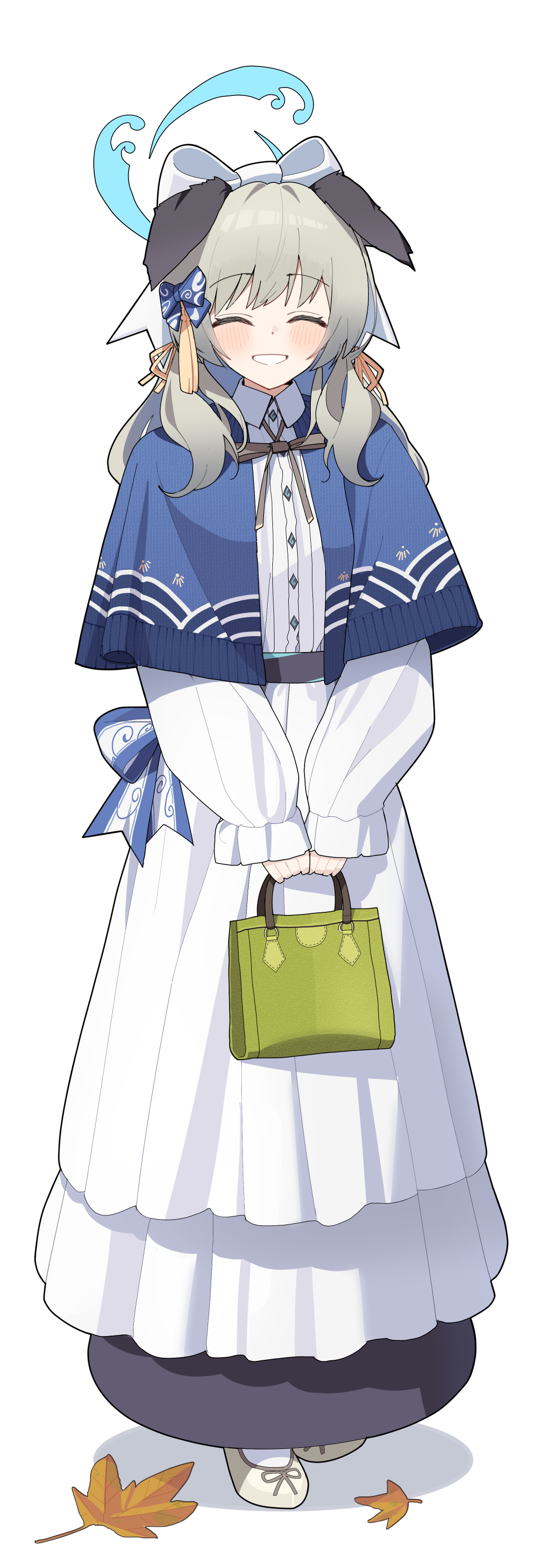 1girl absurdres alternate_costume animal_ears bag black_eyes blue_archive blue_capelet blue_halo blush bow brown_hair capelet closed_eyes commentary_request dog_ears dog_girl dress full_body hair_bow halo handbag highres holding holding_bag layered_dress long_hair long_sleeves looking_at_viewer patanda puffy_long_sleeves puffy_sleeves simple_background sleeves_past_wrists smile solo umika_(blue_archive) white_background white_bow white_dress