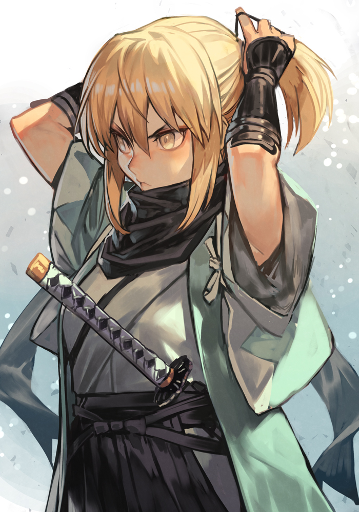 1girl adjusting_hair blonde_hair fate_(series) high_ponytail hungry_clicker japanese_clothes katana kimono medium_hair okita_souji_(fate) solo sword upper_body weapon white_kimono