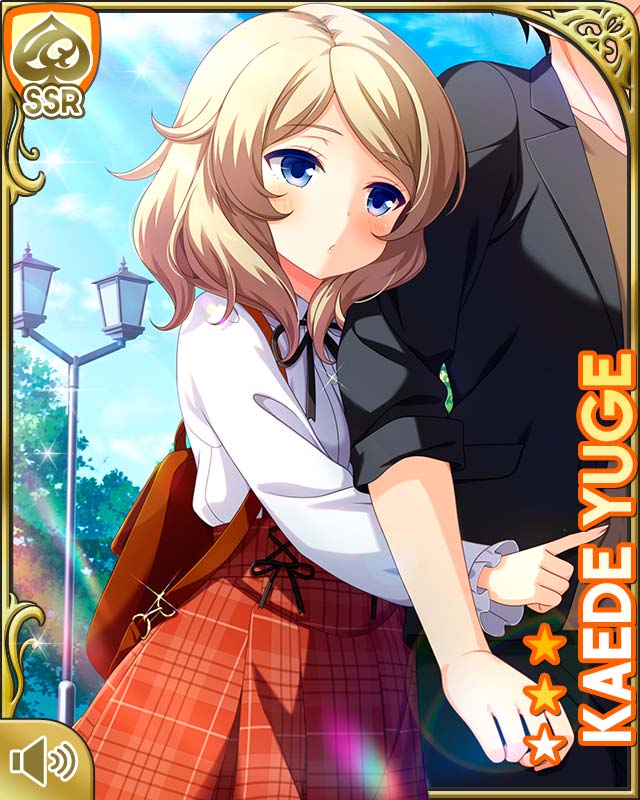 1boy 1girl black_necktie black_pants black_shirt blonde_hair blue_eyes card character_name closed_mouth day girlfriend_(kari) lamppost leaning_on_person long_sleeves necktie official_art outdoors pants plaid_clothes plaid_skirt qp:flapper red_skirt shirt skirt tagme white_shirt yuge_kaede