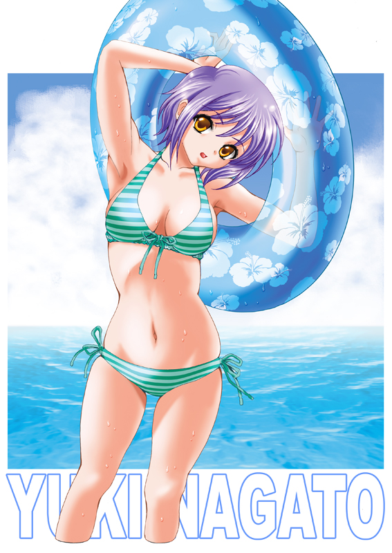 00s 1girl bad_id bad_pixiv_id bikini blue_hair day female_focus front-tie_top innertube itachou itatyou nagato_yuki orange_eyes purple_hair short_hair side-tie_bikini_bottom solo striped_bikini striped_clothes suzumiya_haruhi_no_yuuutsu swim_ring swimsuit wet