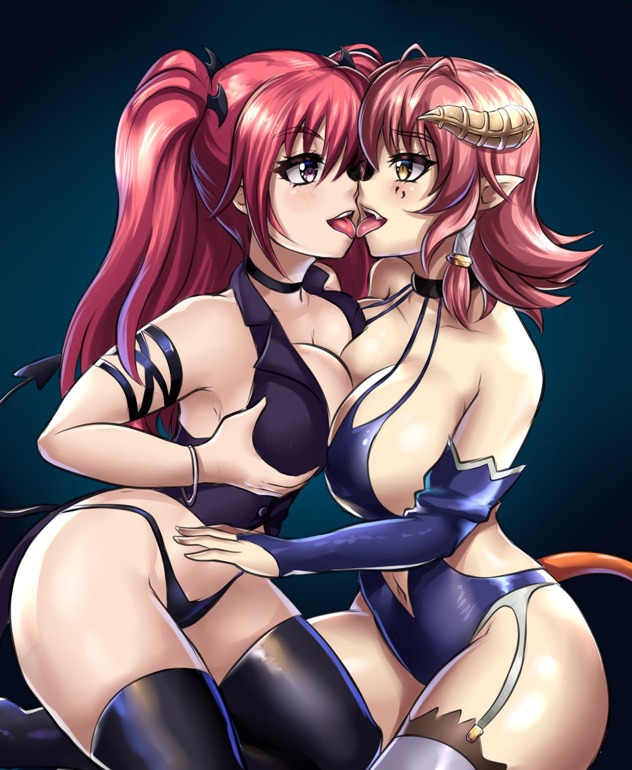 firika mia shatana, shamsiel shahar, kyonyuu fantasy, nukidoki!, highres,  at-leon, bat wings, breast press, breasts, demon girl, demon tail, french  kiss, head wings, horns, kiss, large breasts, leotard, tail, thong, wings,  yuri -