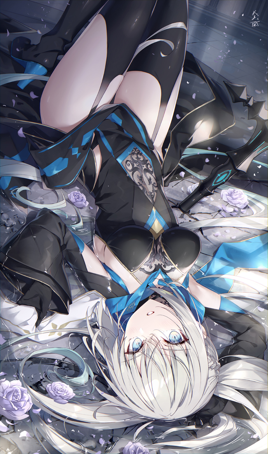 1girl black_bow black_dress black_footwear black_thighhighs blue_eyes blush bow braid breasts cleavage closed_mouth clothing_cutout dress fate/grand_order fate_(series) full_body gabiran grey_hair hair_bow half_up_braid highres large_breasts long_hair long_sleeves looking_at_viewer lying morgan_le_fay_(fate) navel on_back pelvic_curtain ponytail shoes sidelocks skirt smile solo staff stomach_cutout stomach_tattoo tattoo thighhighs thighs two-tone_dress very_long_hair white_dress wide_sleeves