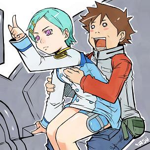 00s eureka_(eureka_seven) eureka_seven eureka_seven_(series) lowres raglan_sleeves renton renton_thurston sitting thigh_strap yokoyama_yasushi