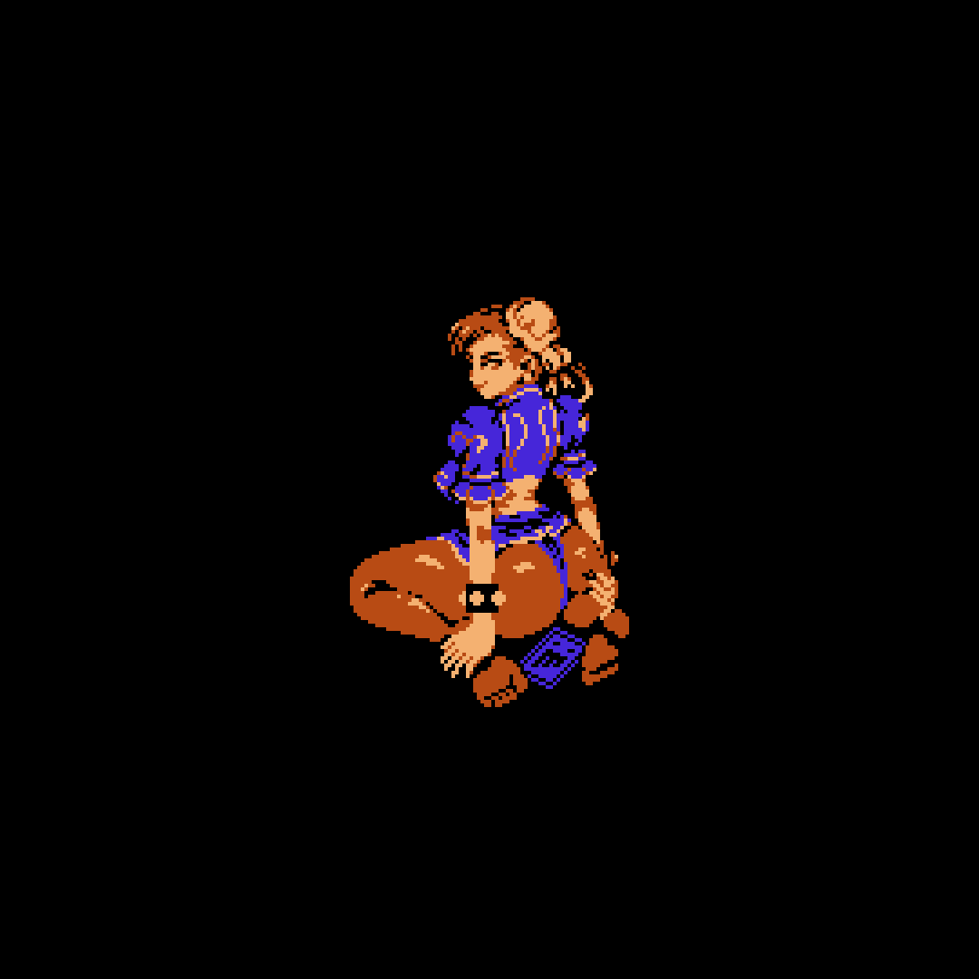 1girl ass black_background bracelet bun_cover capcom chun-li double_bun from_behind grabbing_own_ass hair_bun jewelry limited_palette looking_back mykar paid_reward_available pantyhose pixel_art short_sleeves simple_background sitting smile solo spiked_bracelet spikes street_fighter