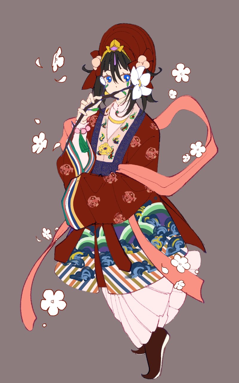 ao_nhat_binh black_hair blue_eyes dragon_king_sharun dress epic_seven flower grey_background hair_ornament highres holding holding_flower khan_van pink_ribbon ribbon shoes short_hair utawa_himmel vietnamese_clothes vietnamese_dress