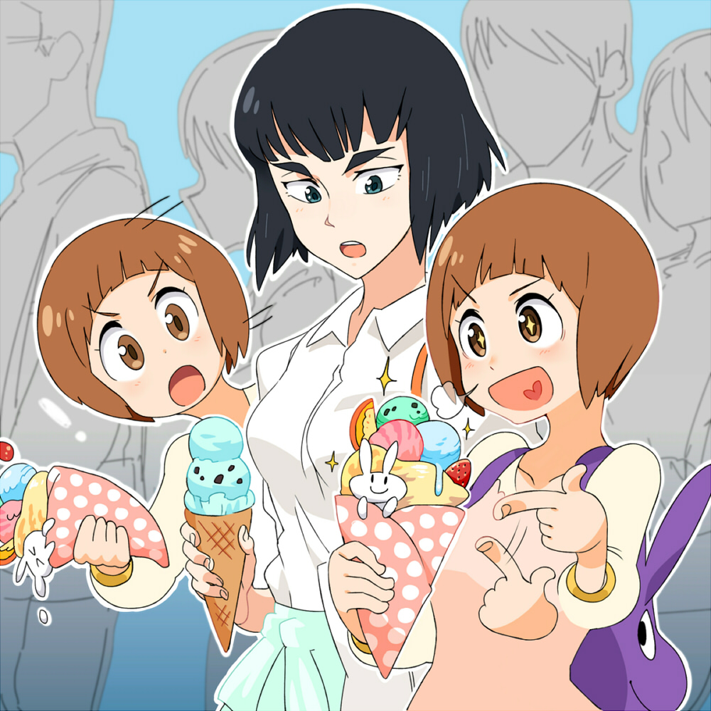 +_+ 10s 2girls afterimage alternate_hair_length alternate_hairstyle backpack bag black_hair blouse blue_eyes blue_skirt blunt_bangs blush brown_eyes brown_hair casual crepe eyebrows food go-gyan-sun heart heart_in_mouth ice_cream ice_cream_cone kill_la_kill kiryuuin_satsuki mankanshoku_mako mint_chocolate mint_chocolate_chip multiple_girls pointing shirt short_hair skirt spoilers thick_eyebrows white_shirt