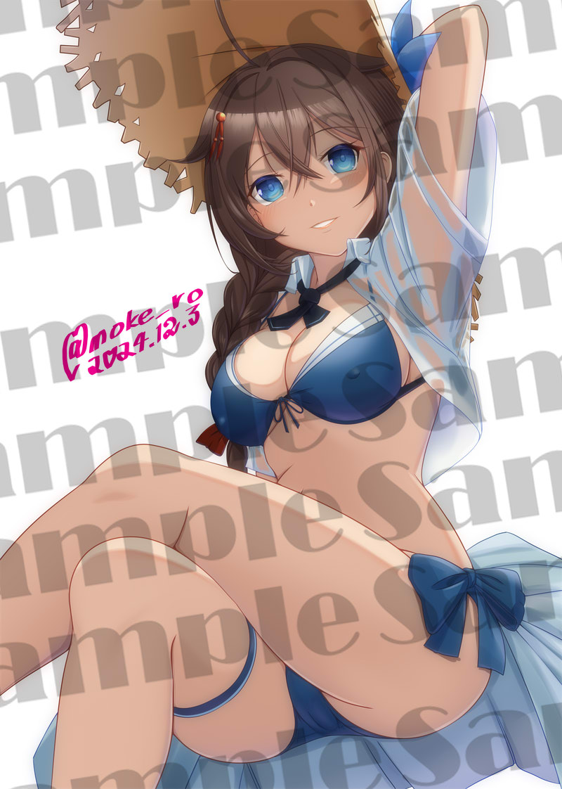 1girl alternate_costume bikini black_ribbon blue_bikini braid brown_hat collared_shirt commentary_request crossed_legs dated dress_shirt feet_out_of_frame front-tie_bikini_top front-tie_top hair_flaps hair_over_shoulder hat kantai_collection moke_ro neck_ribbon official_alternate_costume open_clothes open_shirt parted_lips ribbon sample_watermark see-through_clothes see-through_shirt shigure_(kancolle) shigure_kai_san_(kancolle) shigure_kai_san_(swimsuit)_(kancolle) shirt side-tie_bikini_bottom simple_background single_braid sitting smile solo straw_hat sun_hat swimsuit twitter_username watermark white_background white_shirt