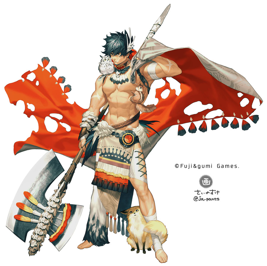 1boy abs animal animal_on_shoulder axe bandages bandaged_arm bandaged_leg bandages barefoot belt bird black_eyes black_hair ta_ga_tame_no_alchemist duplicate facial_hair feathers hair_between_eyes holding holding_axe holding_weapon japants male_focus muscular navel official_art owl scar scar_on_mouth topless_male simple_background squirrel toenails torn torn_clothes tribal veins weapon white_background