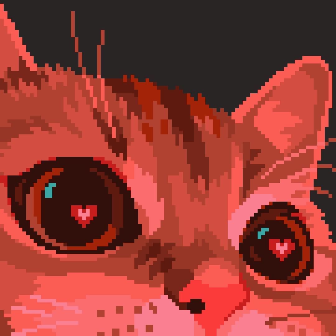 animal_focus black_eyes cat close-up grey_background heart heart-shaped_pupils looking_ahead meme original photo-referenced pixel_art red_theme simple_background snout symbol-shaped_pupils tofupixel whiskers