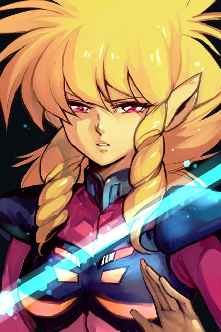 1980s_(style) 1girl black_background blonde_hair bodysuit breasts drill_hair hair_between_eyes hand_up hungry_clicker iczer-1 iczer_(series) long_hair looking_at_viewer oldschool parted_lips pink_bodysuit pointy_ears red_eyes retro_artstyle simple_background solo tatakae!!_iczer-1 upper_body