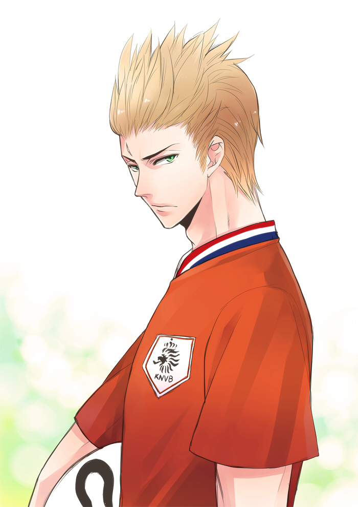 10s 1boy 2010 2010_fifa_world_cup axis_powers_hetalia bad_id bad_pixiv_id ball blonde_hair gradient_background green_eyes jing0725 kojoz male_focus netherlands_(hetalia) scar serious short_hair soccer soccer_ball solo spiked_hair sportswear teamgeist world_cup