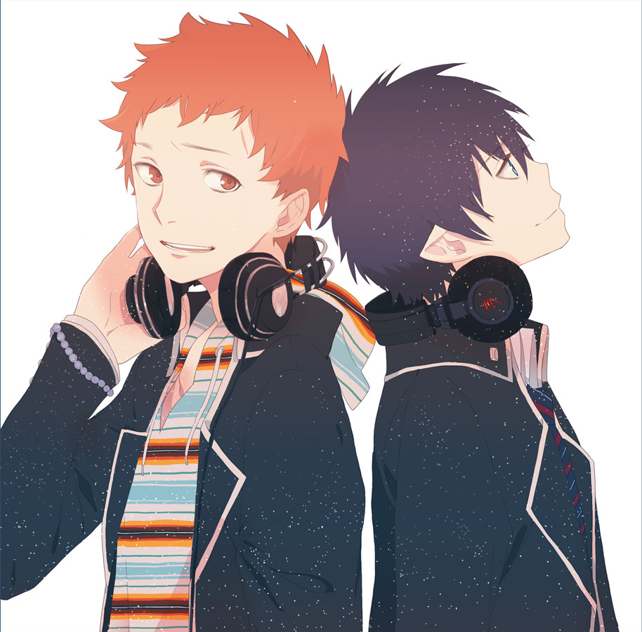 2boys ao_no_exorcist bad_id bad_pixiv_id headphones male_focus multiple_boys okazaki_oka okumura_rin orange_eyes orange_hair pointy_ears shima_renzou short_hair simple_background white_background