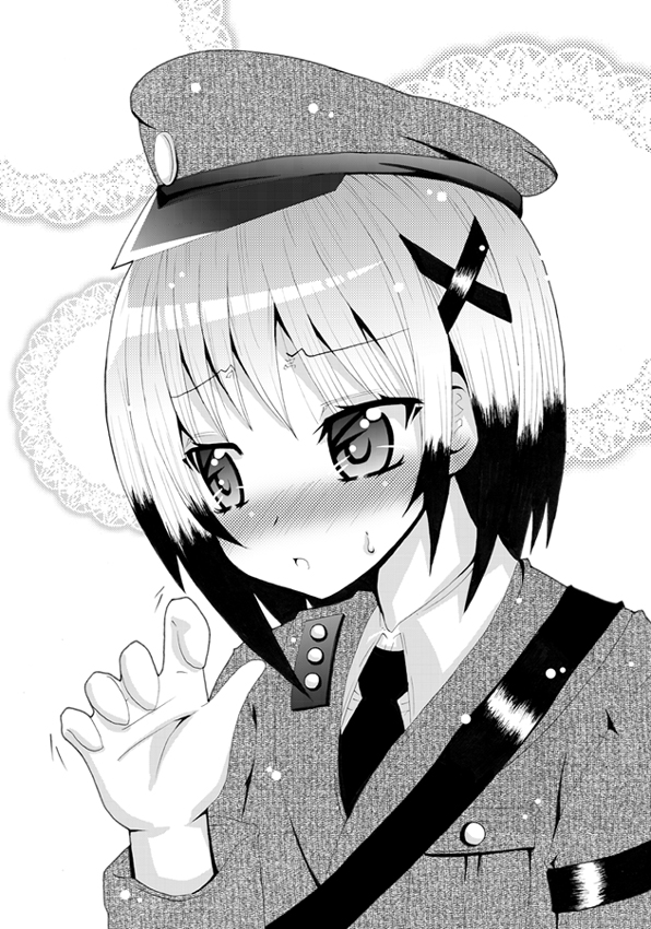 1girl blush female_focus greyscale hair_ornament hat lord_dearche lyrical_nanoha mahou_shoujo_lyrical_nanoha mahou_shoujo_lyrical_nanoha_a&#039;s mahou_shoujo_lyrical_nanoha_a&#039;s_portable:_the_battle_of_aces military military_uniform monochrome multicolored_hair necktie open_mouth peaked_cap short_hair solo taka0418