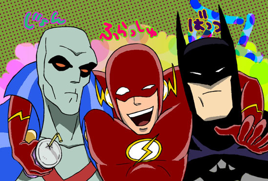 3boys batman bruce_wayne colored_skin dc_comics dcau green_skin j&#039;onn_j&#039;onzz justice_league lightning_bolt_symbol male_focus martian_manhunter mask multiple_boys smile the_flash wally_west