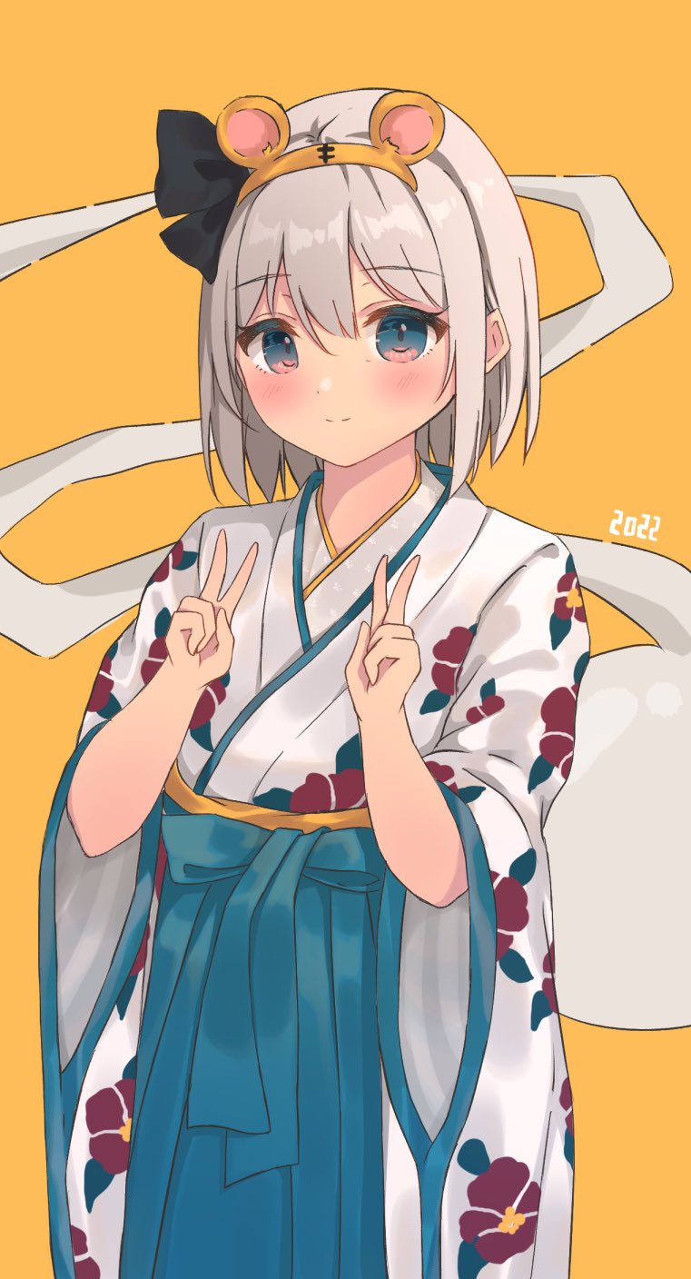 1girl 2022 animal_ears belt black_ribbon blue_belt blue_bow blue_skirt blush bow breasts closed_mouth double_v fake_animal_ears floral_print flower ghost gradient_hair green_eyes grey_hair hair_between_eyes hair_ribbon hairband hands_up highres hitodama japanese_clothes kimono konpaku_youmu konpaku_youmu_(ghost) leaf leaf_print long_sleeves looking_at_viewer medium_breasts multicolored_eyes multicolored_hair orange_background orange_hairband pink_eyes purple_flower ribbon sakuramochi_usa shirt short_hair simple_background skirt smile solo standing tiger_ears touhou v white_shirt wide_sleeves yellow_belt