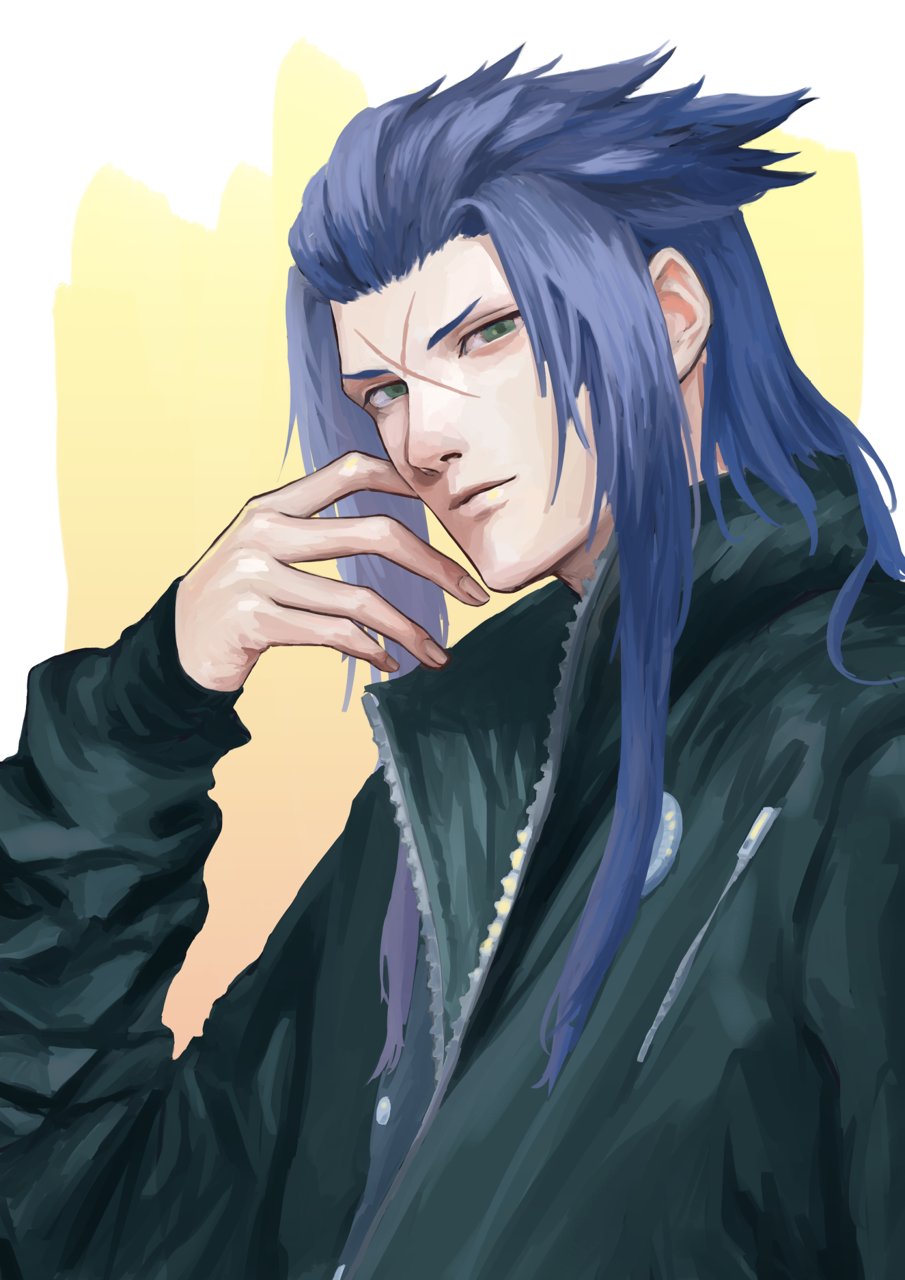 1boy badge blue_hair border button_badge closed_mouth collared_jacket commentary facial_mark green_eyes green_jacket hair_behind_ear hair_intakes hair_slicked_back hand_up high_collar highres jacket kingdom_hearts long_hair long_sleeves looking_at_viewer male_focus mukashino saix serious simple_background solo three_quarter_profile upper_body white_border yellow_background zipper